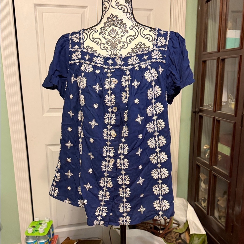 Torrid Navy Floral Embroidered Blouse